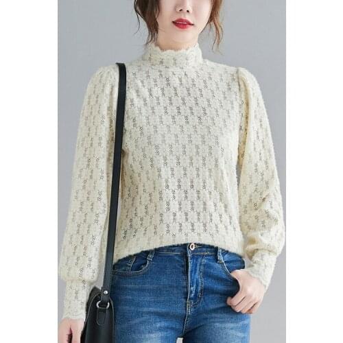 Elegant High Neck Bottoming T Shirt Women 2021 New Style Spring Fashion Pullovers Lace T-Shirt Long-sleeved Slim Fit Tops Black