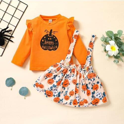 FOCUSNORM Halloween Lovely Baby Girls Clothes Sets 2pcs Letter Ruffles Long Sleeve Tops Pumpkin Printed Suspender Skirt 0-4Y