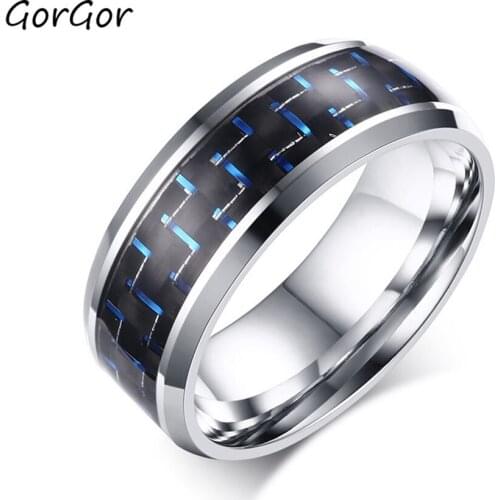 GorGor 2020 Trendy Classic Carbon Fiber 8MM Blue Color Round Titanium Steel Rings for Fashion Women Jewelry Gift R-153