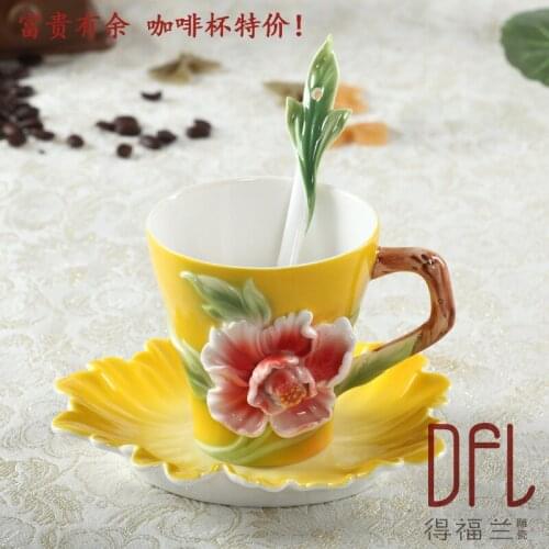 Enamel painted pottery Bone China coffee cups and saucers scoop creativity peony marriage birthday gift valentines day