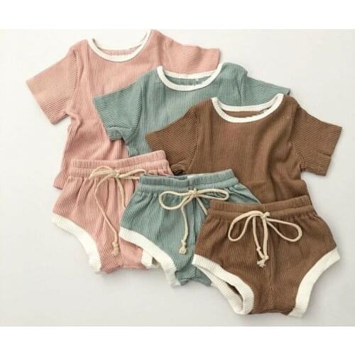 2Pcs Fashion Summer Newborn Baby Girls Boy Clothes Cotton Casual Short Sleeve Tops +Shorts solid Toddler Infant Outfit Set Kids