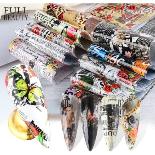 10pcs English Newspaper Nail Transfer Foil Stickers Letter Inscription Butterfly Design Decal Retro Polish Wraps Manicure CH5114