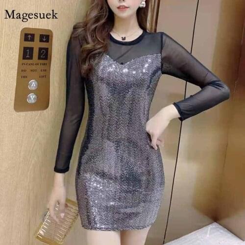 Sexy new Mesh Lace Stitching Slim Long Sleeve Dress 2021 Sequined Nightclub Backless Spring Female Feminine Hip Dress Robe 12699