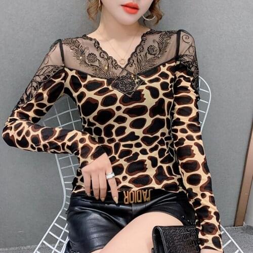 New Arrivals 2021 Spring Long Sleeve Mesh Tops Fashion Sexy V-Neck Hot Drilling Womens T-Shirt Plus Size Blusas