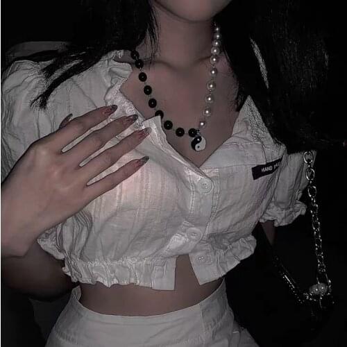 TaiChi Pendant Stainless Steel Yingyang Necklace Harajuku Long Chain Punk Pearl Choker Jewelry Women Man Friendship Girl Gifts