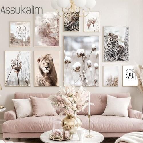 Nature Scenery Canvas Painting Animals Poster Tiger Lion Print Dried Flower Plant Posters Nordic Wall Pictures Living Room Decor
