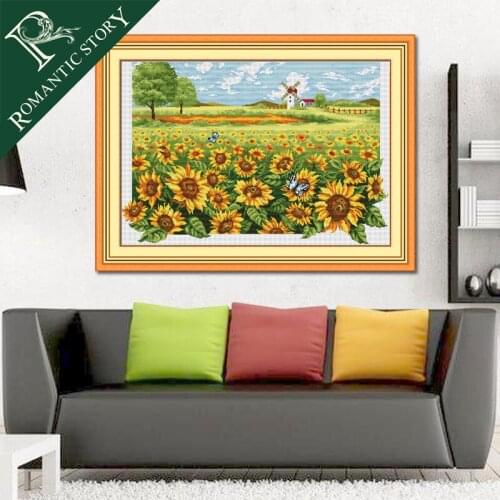 Romantic Story Pastoral Sunflower Scenery Pattern DMC Cross Stitch Needlework DIY Printing Cross-Stitch Set For Embroidery Kits