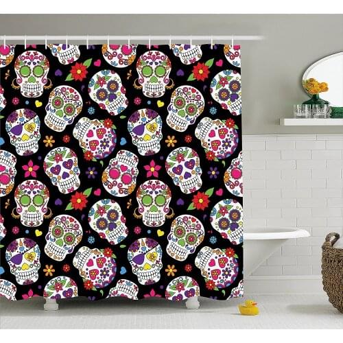Sugar Skull Decor Shower Curtain Festive Graveyard Mexico Ritual Figures Mask Design on Black Backdrop Fabric Bathroom Decor
