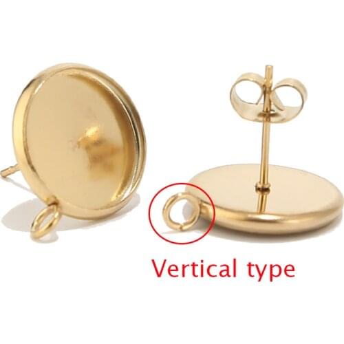 Stainless Steel Gold Tone 12mm Earring Posts Studs Setting Bezel Cabochon Tack with Vertical/Horizontal Loop for Earring Making