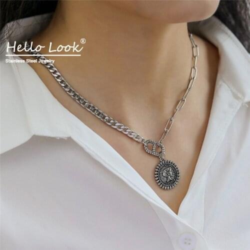 Hellolook Vintage Women Embossed Coin Pendant Necklace Personality Retro Stainless Steel Chain Necklace Choker on Neck Jewelry