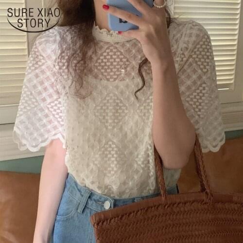 Chic Embroidered Flowers with Sling Bubble Sleeve Perspective Shirt New Korean Summer O-Neck Women Tops Loose Sweet Blouse 14543