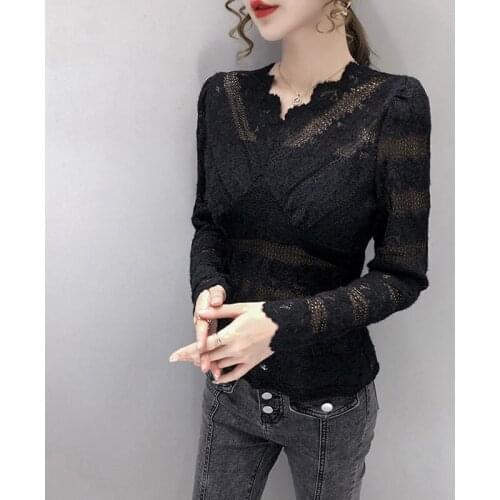 Women T-shirt Long-Sleeve 2021 New Arrival Spring And Autumn Retro V-neck Lace Slim Female T-shirt Western Style c78