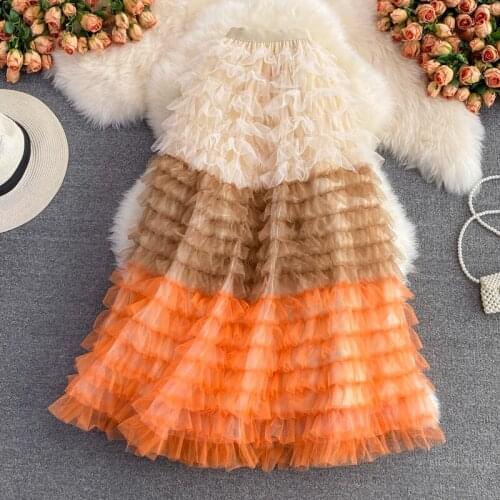 Super Fashion Women Medium Long Ruched Pleats Cake Skirts Elastic Waist Fairy Mesh Ruffles Skirts
