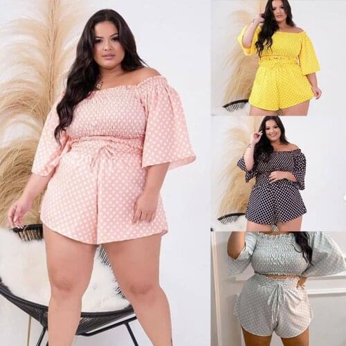2021 Summer New Dot Printing Women Plus Size Two Pieces Sweet Girls Slash Neck Half Sleeve Crop Tops Lace-up Mini Shorts Sets