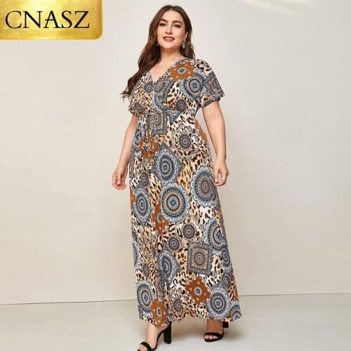 New Fashion Plus Size Womens V-Neck Mid-Sleeve Fashion Print Big Swing Dress Long Skirt Islamic Turkey Ladies Plus Size Dress