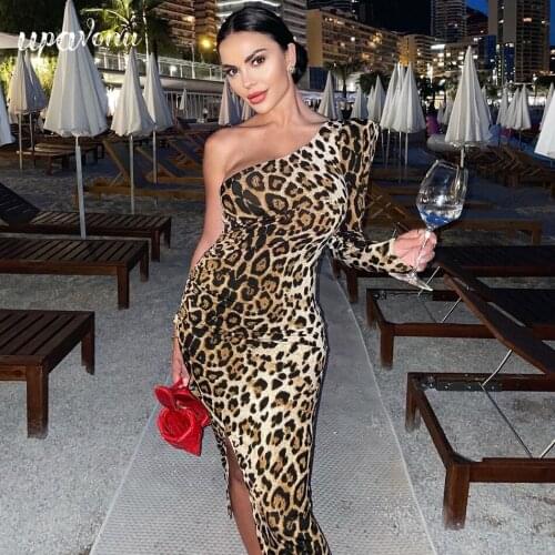 Free Shipping Sexy Leopard Print Midi Dress 2021 Summer New Womens One Shoulder Long Sleeve Bodycon Split Dress Party Vestidos