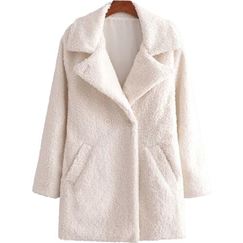 PUWD Casual Woman Loose Beige Lambswool Coat Fad Vogue Ladies Winter Oversized Warm Outerwear Female Elegant Thick Jackets
