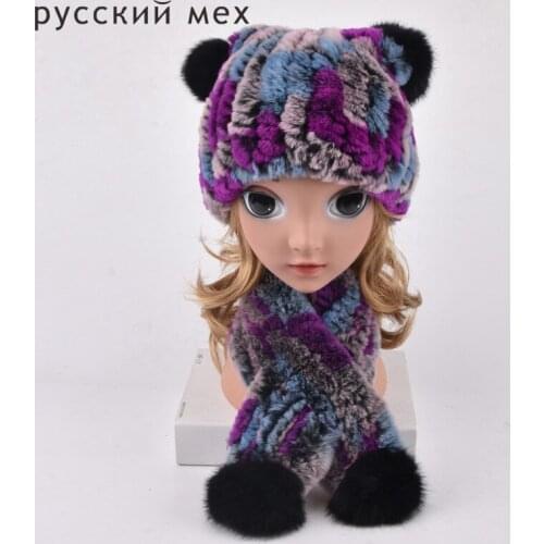 Winter Fur Hats for Girls Real Fur Rex Rabbit Trapper Hat with balls Kids pompom knitted hat hand knitted beanies Ring scarf
