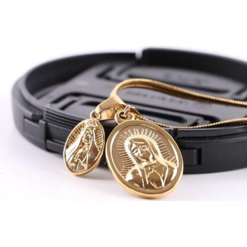 2PCS Small Golden Matrona Mary Pendant Necklace Stainless Steel Charm Golden Chain Religious Jewelry Virgin Mary Necklace Men