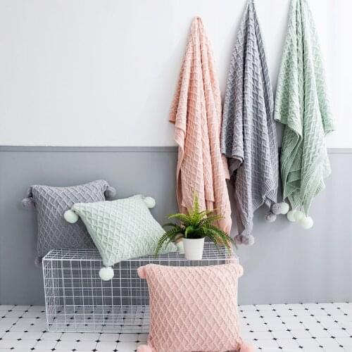 2020 180x220cm Blanket Couch Square Pillow Case Grey Pink Mint Green Knitted Cushion Case With Pompom Blanket Seat Pad Mat Cover