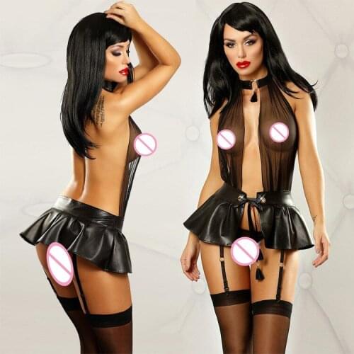 2018 Black Dresses Sexy Leather Lingerie Stripper Wear Black Latex Costume Erotic Pvc Beyonce Dress Sex Organza Suit With Gather