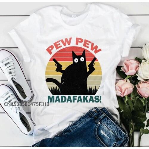 Murderous Black Cat With Gun Funny White T Shirt Pew Pew Madafakas Print T-Shirt Women Halloween Premium Tops Femme Basic Tshirt