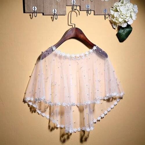 White Women Bolero Applique Pearl Evening Dress Tulle Cape O-Neck Kids Flower Girl Cape Dress Wraps Wedding Party Shawl Shrugs