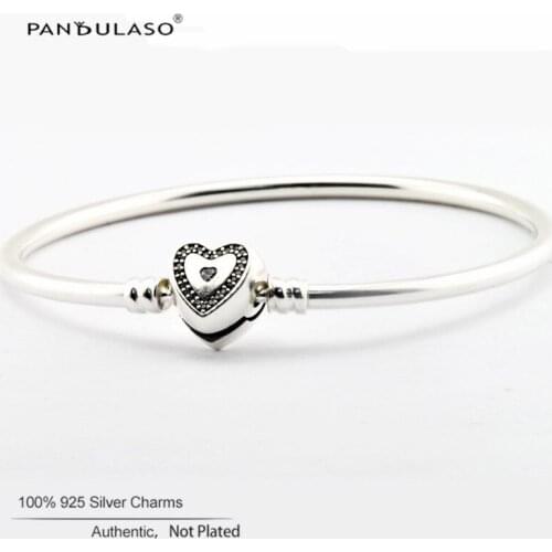 Wishful Heart Moments Silver Bangle Heart Clasp Bracelets For Woman DIY Beads & Charms Authentic Silver Fashion Jewelry Bracelet