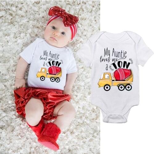 DERMSPE Newborn Boy Girl Short Sleeve Letter Print My Aunt Loves Me A Tow Car Picture Cute Romper Outfits Baby Clothes
