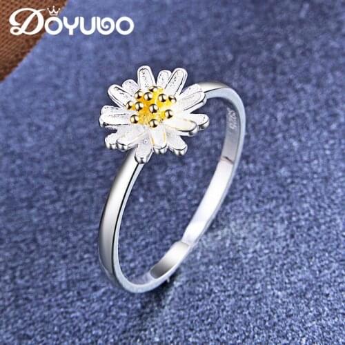 DOYUBO Antique Womens Solid Silver Yellow Chrysanthemum Rings Beauty Flower Shape Lady Sterling Silver Rings Fine Jewelry VB274