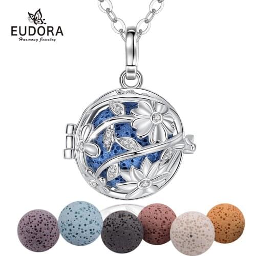 EUDORA NEW 18mm Aromatherapy Perfume Essential Oils Diffuser Necklace Flower Locket Cage Pendant with Colors Lava Stone K262