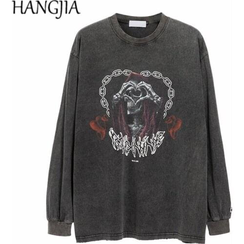 Streetwear Vintage Skull Print Long-sleeved Tshirts Tee Hip Hop Washed Distressed Mens Womens Oversized Flame T-shirt Cotton