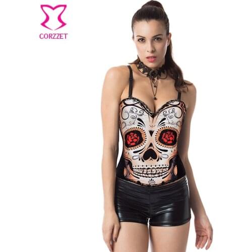 Gothic Clothing Burlesque Corset Sexy Punk Rave Top Black Cotton Beige Skull Printing Overbust Underwire Cup Bustier With Strap