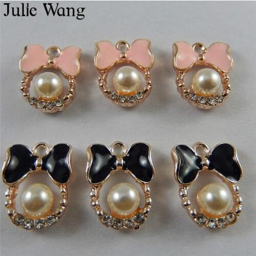 Julie Wang 10PCS Enamel PinK Black Tie Alloy Gold Tone Charms Man-made Pearl Neckalce Pendant Findings Jewelry Making Accessory