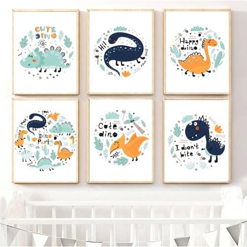 Kawaii Cartoon Dinosaur Leaf Plant Nursery Wall Art Canvas Painting Nordic Posters And Prints Wall Pictures Baby Kids Room Decor