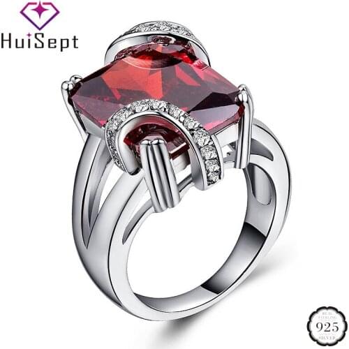 HuiSept Classic Silver 925 Ring Rectangle Shape Ruby Zircon Gemstones Jewellery Ornaments for Women Wedding Gift Wholesale Rings