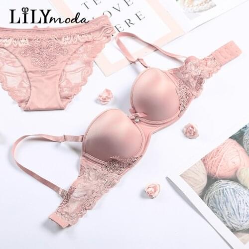 Lilymoda Smooth T-shirt Bra Lace Embroidery Bra Panty Set Underwear For Women Push Up Half Cup Sexy Seamless Lingerie Brassiere