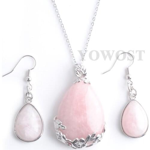 Lady Jewelry Set Natural Rose Quartzs Gem Stone Teardrop Reiki Chakra Beads Pendant Earrings Chain Necklace QQ3077