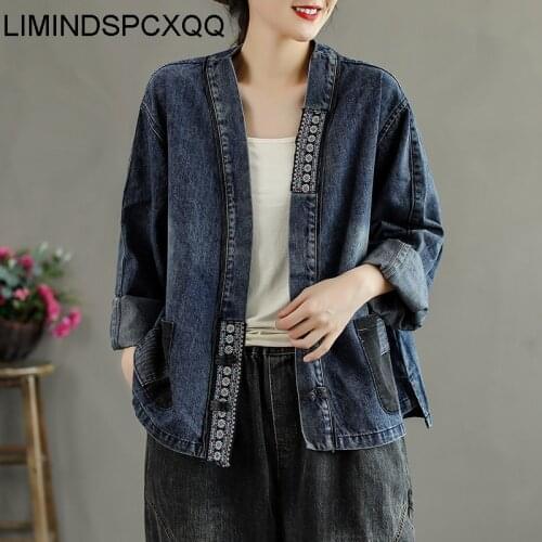 LIMINDSPCXQQ Korean Fashion Autumn Women Loose Blue Denim Jackets Ladies Printed Casual Coats Female Vintage Pockets Clothing