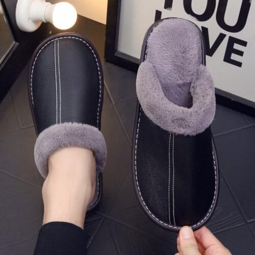 Winter New Men Fluffy Slippers Genuine Leather Warm Indoor Shoes Home Flats House Shoes Women Warm Slippers zapatos de hombre