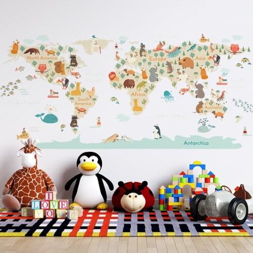 Large Cartoon Animals Map Wall Stickers for Kids Room Bedroom Kindergarten Wall Decor Vinyl PVC Art Murals Home Decoration