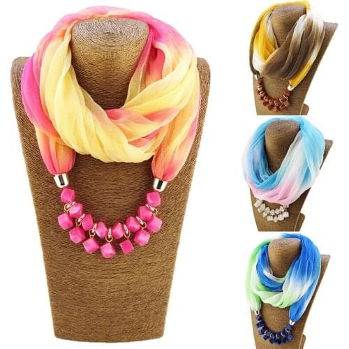 Spring New Arrival Women Tie Dye Pattern Printed Silk Scarf Necklace Handmade Resin Beads Pendant Scarf Choker Collar Scarf