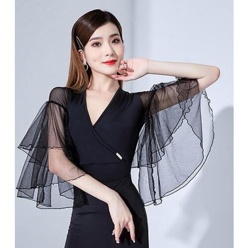 Ballroom Dance Clothes N-Neck Mesh Ruffle Sleeves Waltz Performance Stage Costume Summer Latin Tango Training Dancewear YS1888