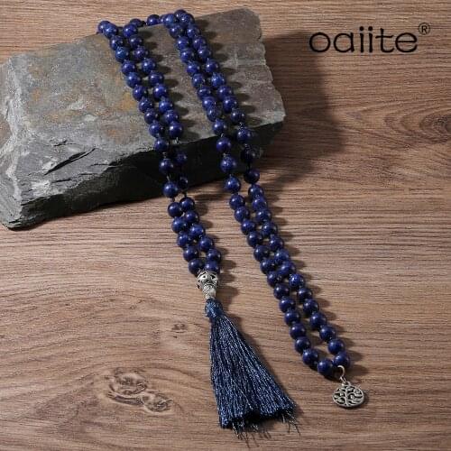 OAIITE 108 Mala Beads Necklaces 8mm Natural lapis lazuli Stone Round Gem Rosary Meditation Beads Necklace Tree of Life Pendant