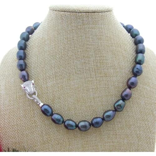 10-11mm baroque peacock green pearl necklace 18"925silver