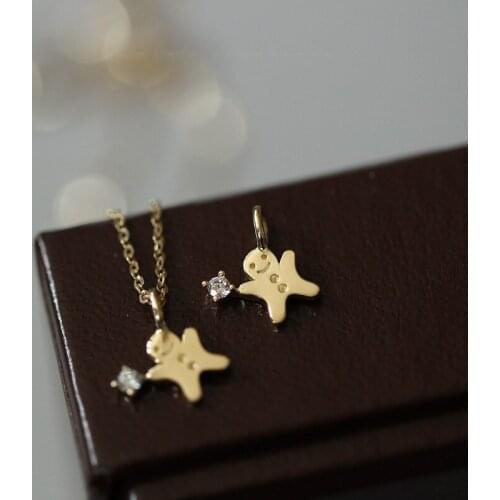925 Sterling Silver Plated 14K Gold Cute Lovely Gingerbread Man Pendant FairyTale Necklace Clavicle Chain Jewelry for Women Gift