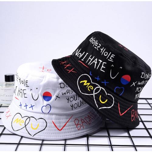 Unisex Harajuku Bucket Hat Graffiti Letter Women Men Fishing Fisherman Hat Summer Outdoor Panama Hip Hop Cap