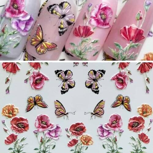 Flower Butterfly 3D Nail Sticker Water Transfer Decal Sliders Nail Art DIY Manicure Nails Sticker Professional Nails Embossed