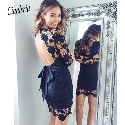 Homecoming Dresses Navy Long Sleeves Lace/Satin Open Back Sash Above-Knee Scoop Neck Neckline/Sheath Cooktail Dresses