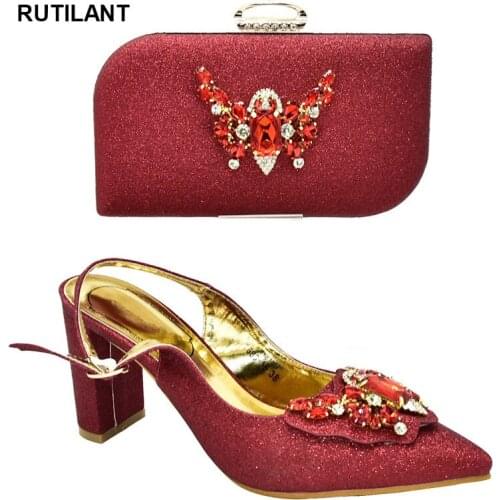 Latest Wedding Shoes Bride Cristal Nigerian Shoes and Matching Bags Decorated with Appliques Elegant Bridal Party Buckle Strap